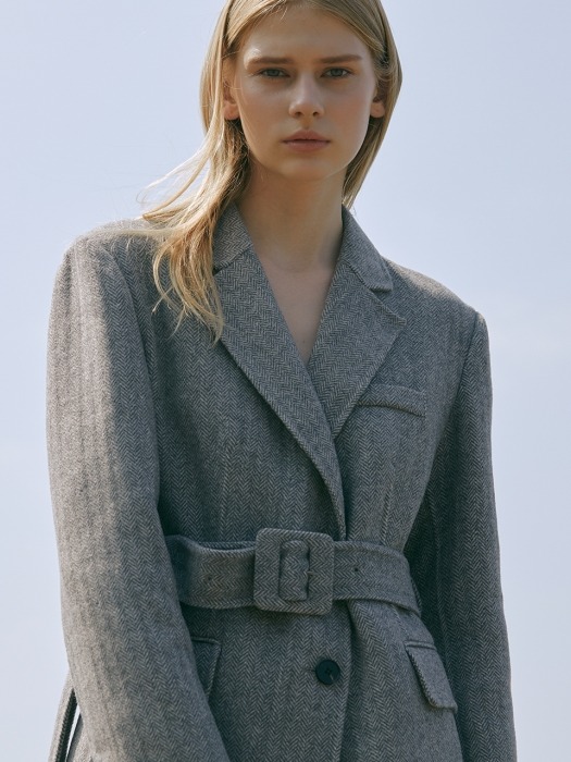 Premium handmade wool asymmetrical belted jacket in herringbone gray