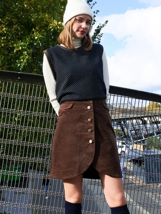 Gold Button Tulip Corduroy Mini Skirt_brown