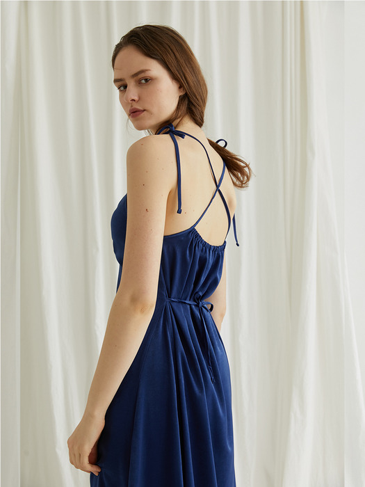 Shirring slip dress - blue