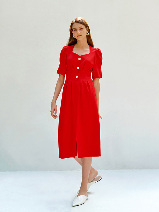 Square Neck Puff Long Dress _ Red