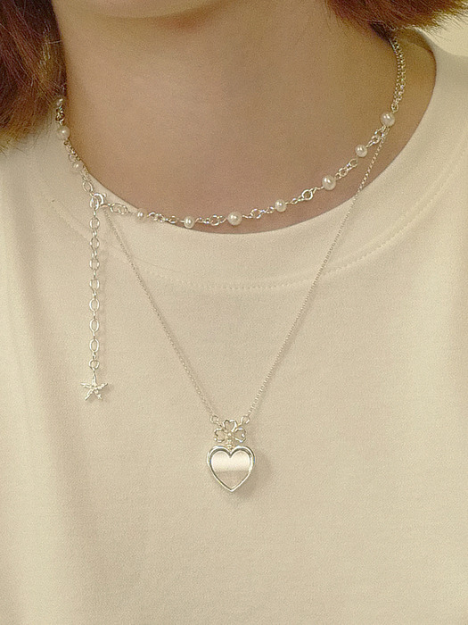 Heart Clover Mirror Necklace (White, Vintage)