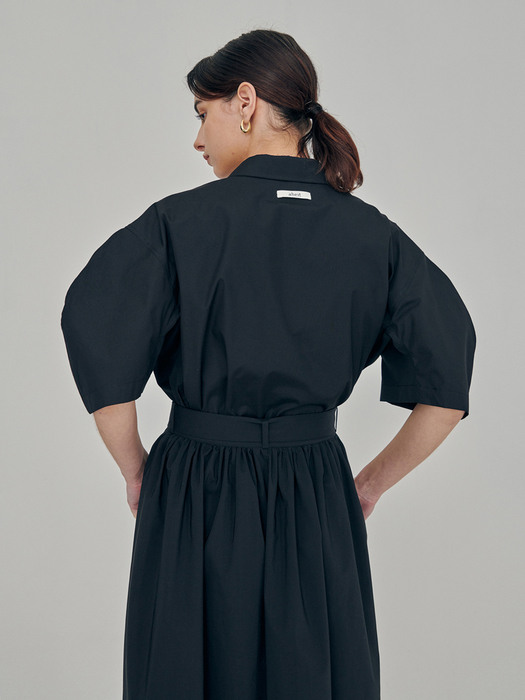 Front Open Cotton Pleats Skirt Black