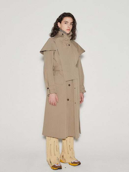 NORA LAYERED SCARF TRENCH COAT awa364w(KHAKI BEIGE)