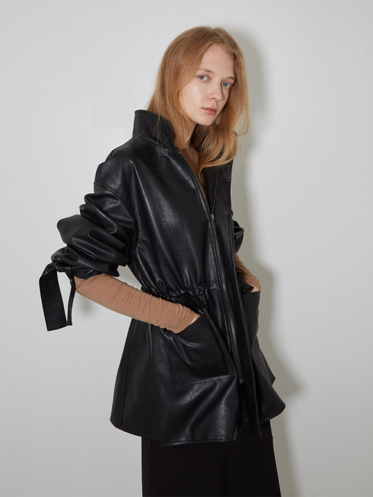 Vegan Leather String Long Jacket_BK