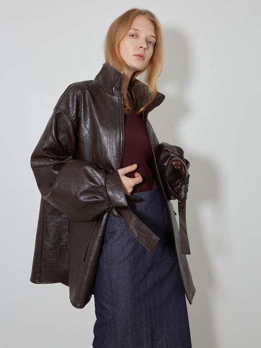 Vegan Leather String Long Jacket_BK