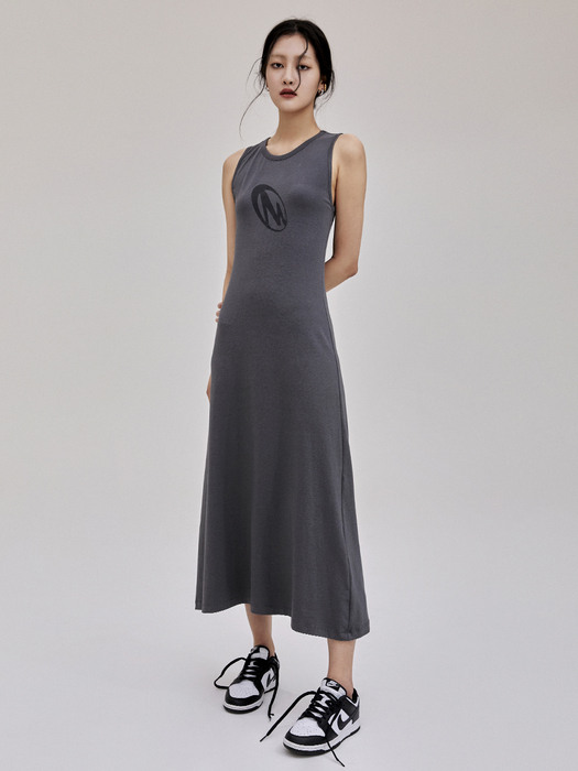 Knotted Logo Printed Maxi Dress - Charcoal