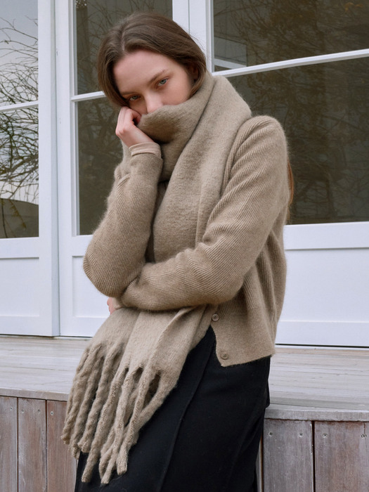 Wool long wide muffler - beige