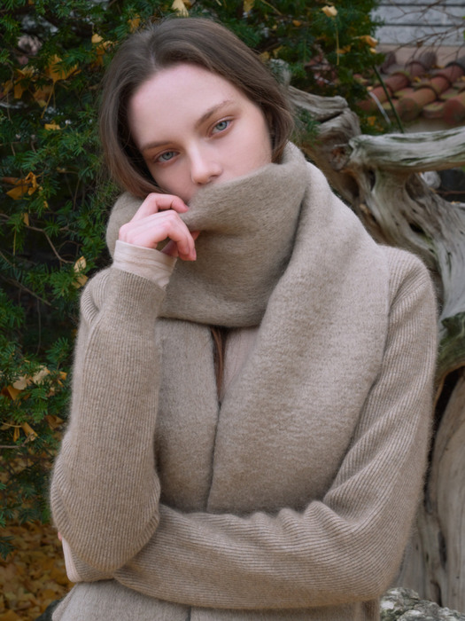 Wool long wide muffler - beige