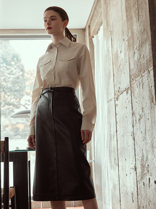 [Day-Wool] Eco Leather Belted Skirt