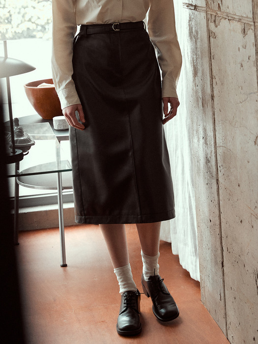 [Day-Wool] Eco Leather Belted Skirt