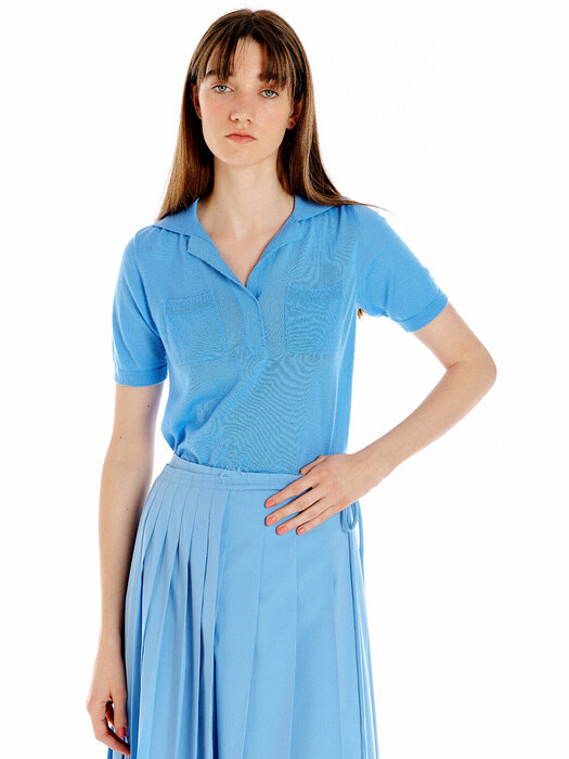 UK Short Sleeve Polo Knit - Light Blue