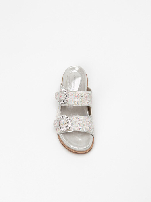 Celina Embellished Footbed Slides in Ivory Checquer with Silver