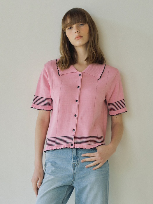 V. stripe cotton knit cardigan (pink)