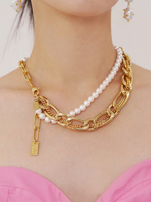 [PEARL&DRAPE] Bold chain drape pearl N