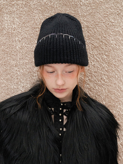 Hand Stiched Knit Beanie - Black