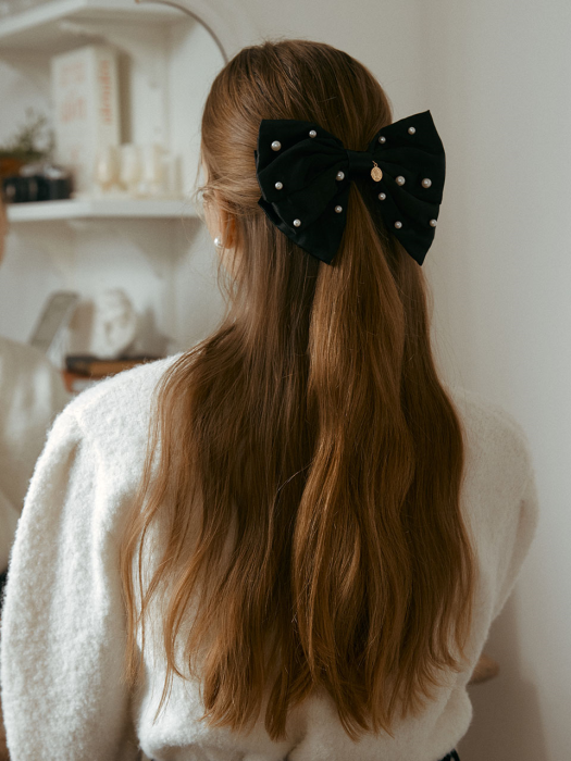 PEARL RIBBON HAIR PIN BLACK