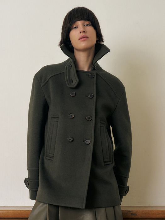 DOUBLE-BREASTED CASHMERE PEA COAT, KHAKI