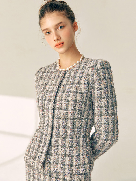 [SET]MELANIE Round neck tweed jacket + RITA H-line tweed wool mini skirt (Deep gray)
