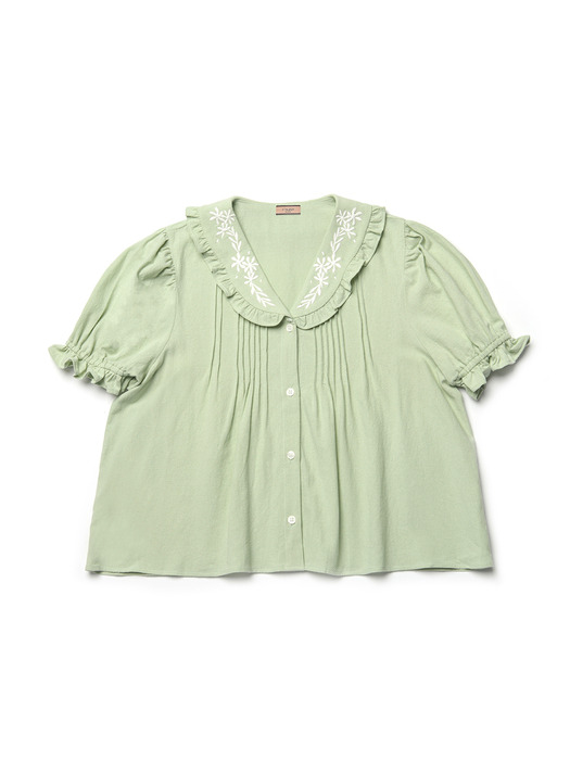 Embroidered Pintuck Puff Blouse (Green)