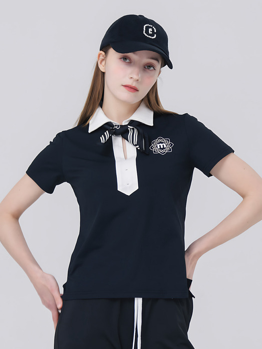 23SS 배색 셔츠 카라 오픈넥 기능성 소재 블랙 반팔 티셔츠