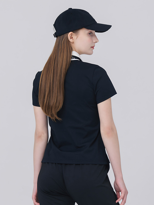 23SS 배색 셔츠 카라 오픈넥 기능성 소재 블랙 반팔 티셔츠