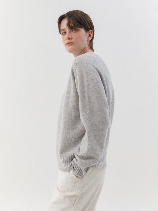 Super Fine Wool Wholegarment Round Knit top (Light Gray)