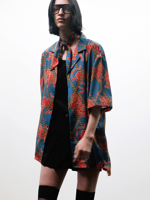 Tiger-Printed Bowling Shirt[Blue(UNISEX)]_UTS-SS04