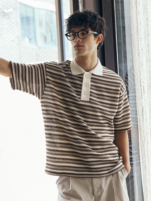 Weave Stripe Collar T-shirt (Brown)