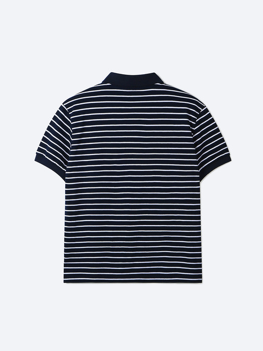 01 M.C UNISEX, Stripe PK Half Shirt / Navy