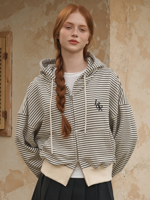 L&R stripe zip-up hood Cream