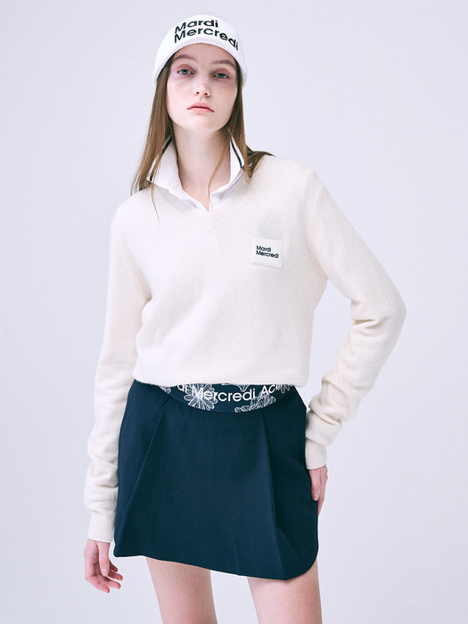 CASHMERE BLENDED V-NECK KNIT SQUARE LOGO WAPPEN_IVORY NAVY