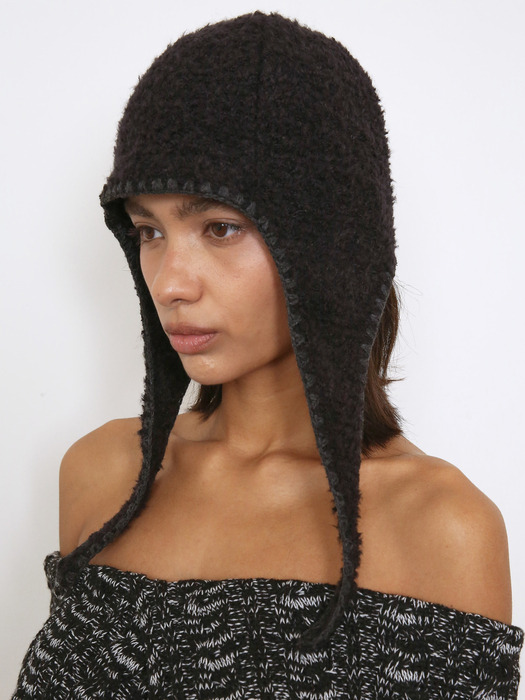 BOHO STITCHED AVIATOR BEANIE, BLACK