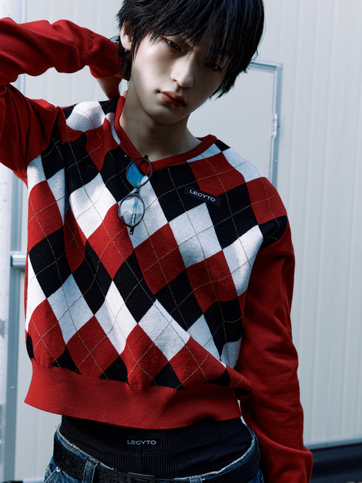 Argyle V-Neck Knit_[Red]