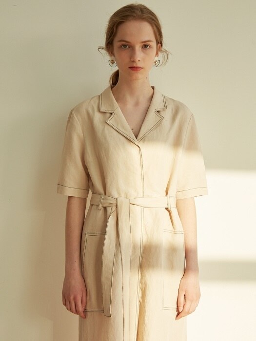 STITCHED LINEN DRESS_L.BEIGE