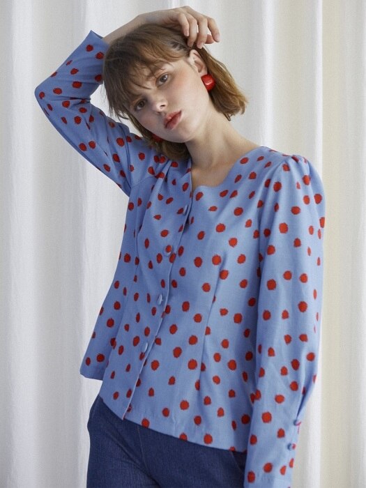 Dot Puff Shoulder Blouse_Blue