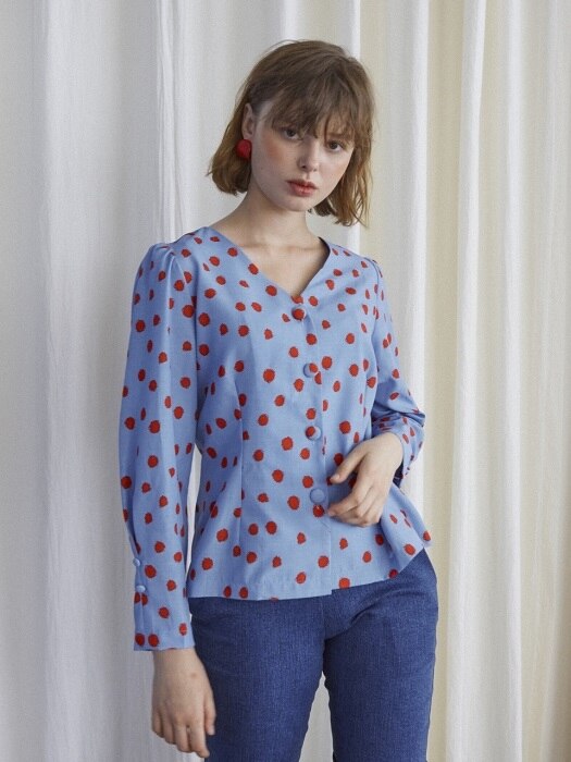 Dot Puff Shoulder Blouse_Blue