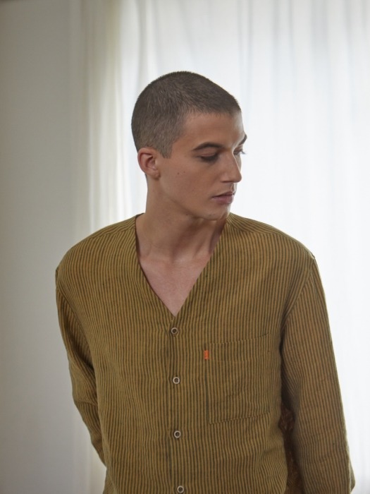 V-neck stripe linen shirts_YELLOW