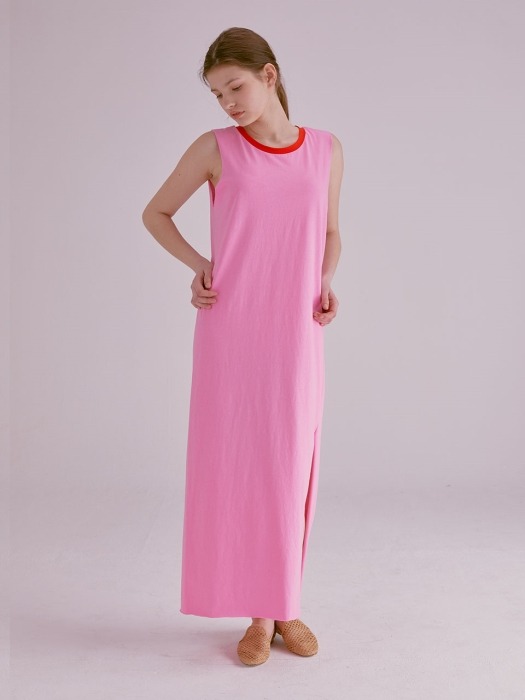 COLOR NECK RAW EDGE MAXI DRESS_PINK