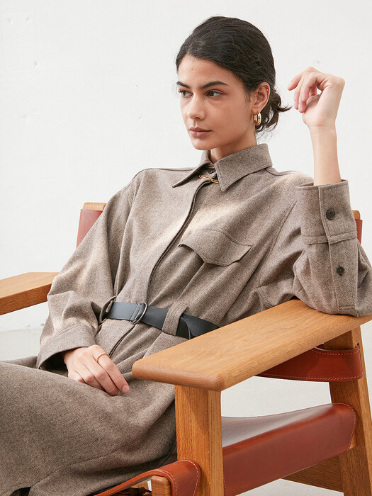 BELTED WOOL TRENCH SHIRT DRESS in Brown [U0W0O602/74]