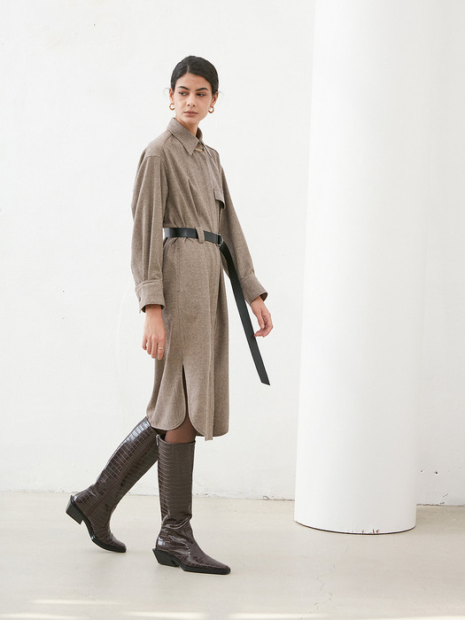 BELTED WOOL TRENCH SHIRT DRESS in Brown [U0W0O602/74]