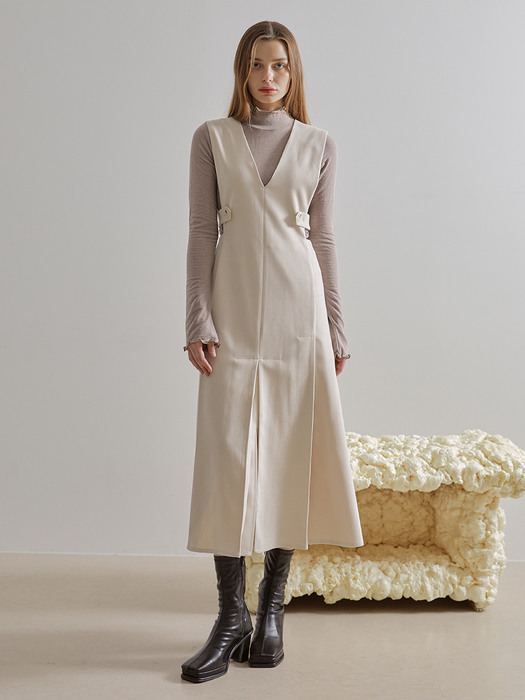 Inverted Pleats Sleeveless Dress, Cream