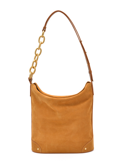 Bold Chain Bucket Bag in Suede Camel