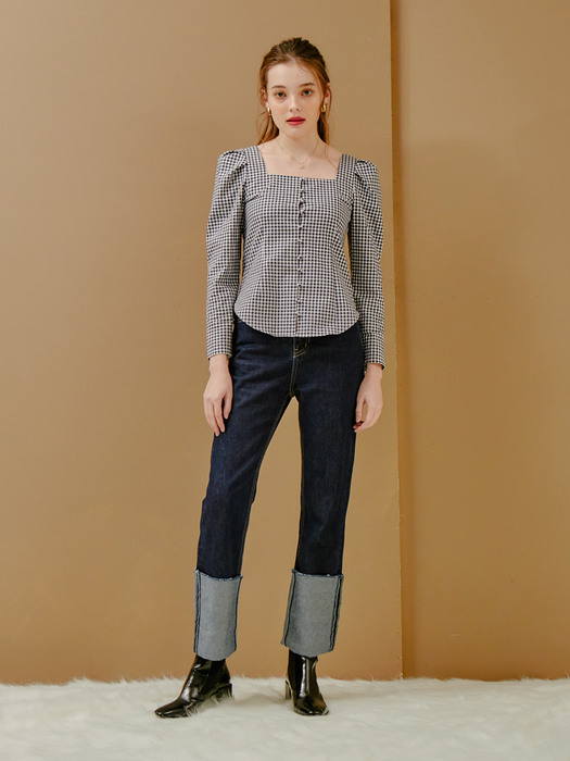 SQUARE NECK CHECK BLOUSE_NAVY