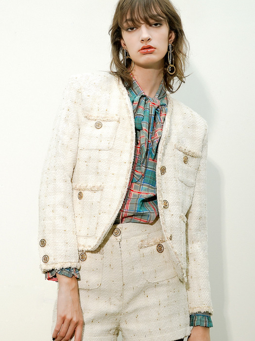 Metallic-Button Boucle Tweed Jacket[White(WOMAN)]_UTO-FB01