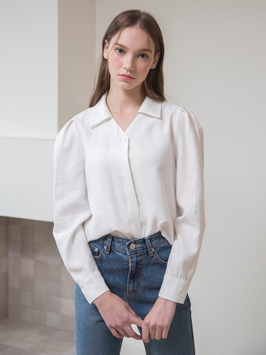 V Neck Point Button Blouse Ivory