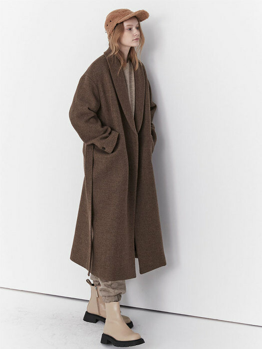 BELTED SHAWL COLLAR WOOL COAT (wood brown)