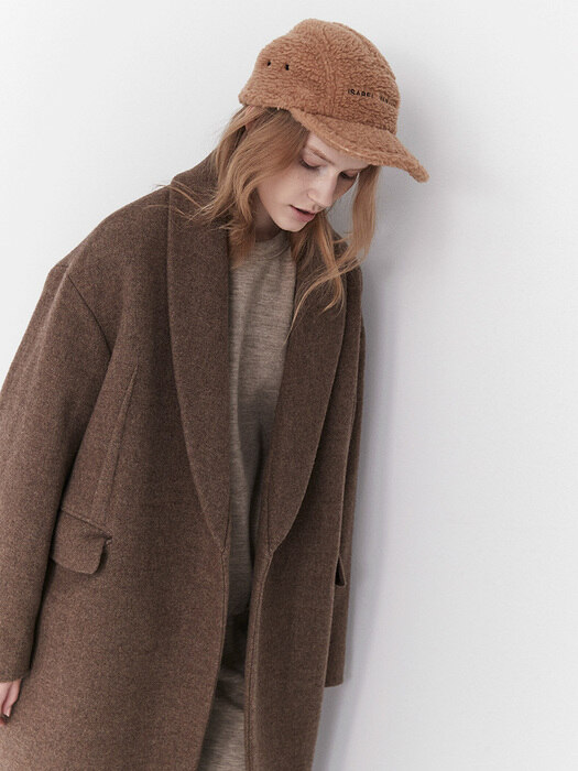 BELTED SHAWL COLLAR WOOL COAT (wood brown)