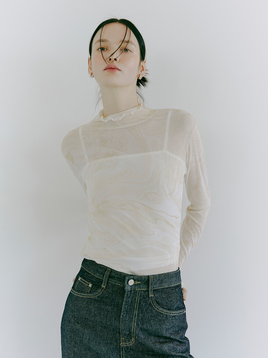 See-through Turtleneck T-shirt, Beige