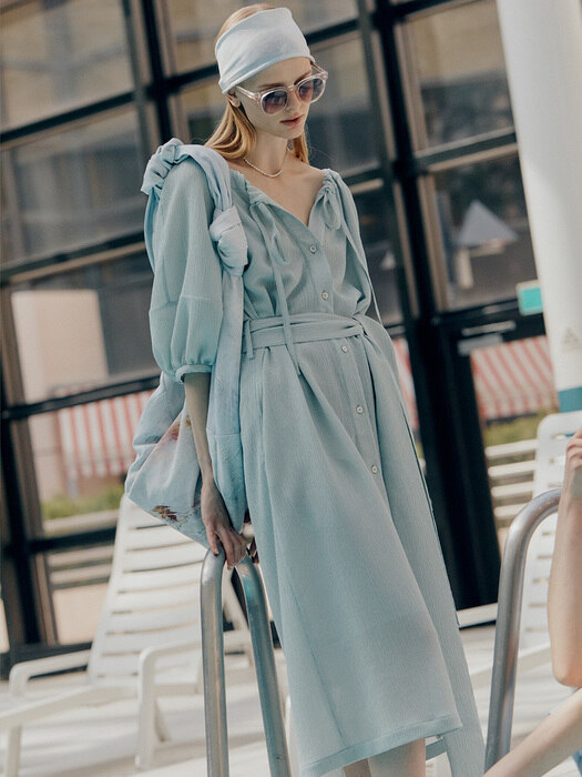 [Fabric From JAPAN] ESTHER Volume Neck String Point Reversible Pleated Dress_Mint