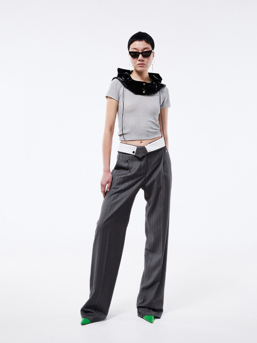 Waist folded stripe slacks (gray)